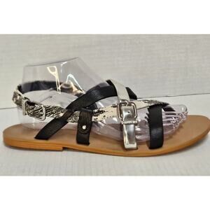 Gianni Bini Black/White/Silver Adjustable Crossover Strap Flat Sandals Size 9.5M